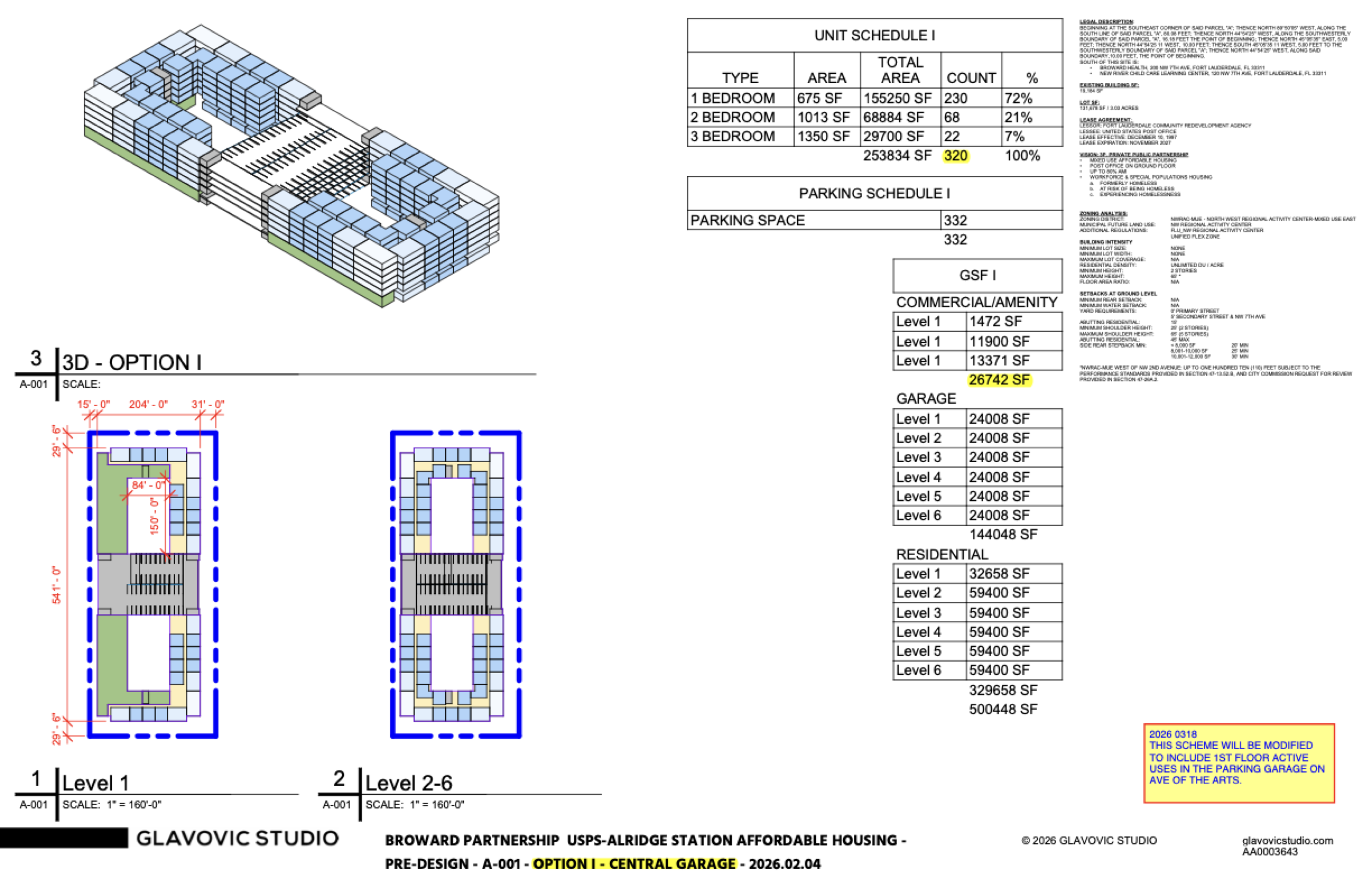 USPS-Alridge Station Affordable Housing Pre-Design — Option I Central Garage — 320 Units — Glavovic Studio 2026