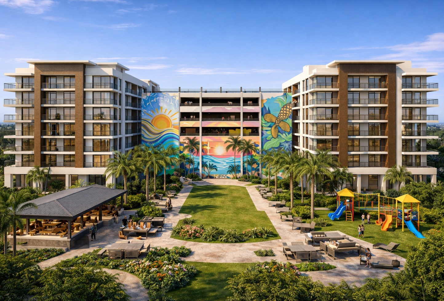 Heritage Crossing — 300-unit mixed-use affordable housing concept at 400 NW 7th Avenue, Fort Lauderdale — Two 8-story buildings with central courtyard, public art mural, playground, and summer kitchen